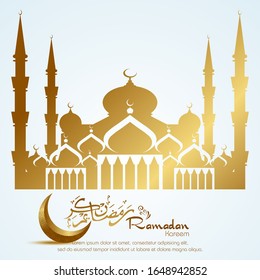 Moon, arabic calligraphy and mosque silhouette with gold effect. Ramadan kareem islamic design for greeting, card, poster, banner and background.