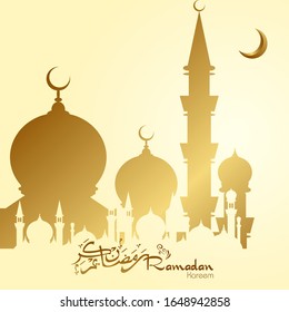 Moon, arabic calligraphy and mosque silhouette with gold effect. Ramadan kareem islamic design for greeting, card, poster, banner and background.