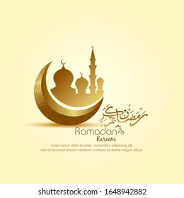Moon, arabic calligraphy and mosque silhouette with gold effect. Ramadan kareem islamic design for greeting, card, poster, banner and background.