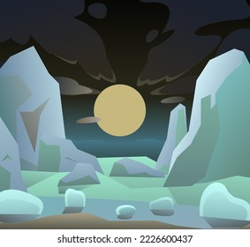 Moon in arctic ice and glaciers. Cold dark night. Winter landscape. Harsh cold nature. Snow and ice frost. Cartoon fun style. Flat design. Vector