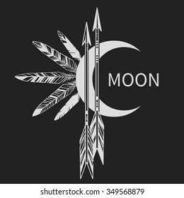 Moon, arrows and feathers on black background. Vector illustration