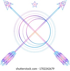 Moon an arrows. Sacred geometry, arrow and moon. Highly detailed vector illustration isolated on white. Mystic symbol. New school dotwork. Boho design. Print, posters, t-shirts.