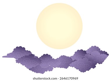 Moon and Asian clouds isolated on transparent. Hand drawn vector illustration. Qixi, Mid Autumn Festival design elements. Chinese, Japanese, Korean clip art. Traditional Buddhist thangka art