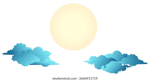 Moon and Asian clouds isolated on transparent. Hand drawn vector illustration. Qixi, Mid Autumn Festival design elements. Chinese, Japanese, Korean clip art. Traditional Buddhist thangka art