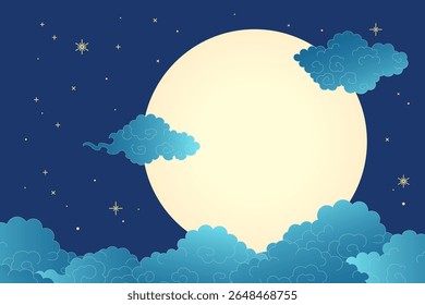 Moon, Asian clouds, stars, moonlit night sky background. Hand drawn vector illustration. Qixi, Mid Autumn Festival backdrop. Traditional Chinese, Japanese, Korean design elements