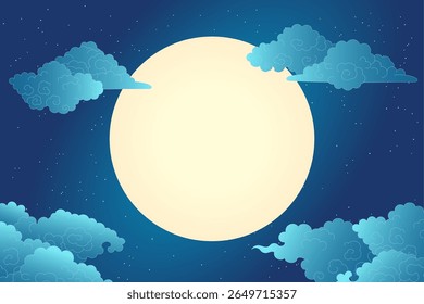 Moon, Asian clouds, stars, moonlit night sky background. Hand drawn vector illustration. Qixi, Mid Autumn Festival backdrop. Traditional Chinese, Japanese, Korean design elements