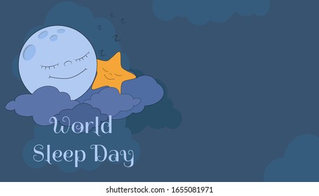 The moon and an asterisk sweetly sleep on clouds in the foggy night sky. Horizontal vector postcard World Sleep Day in dark blue colors. Place for text.