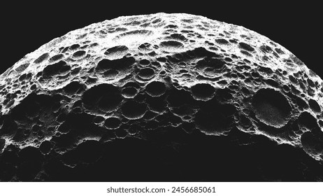Moon or asteroid in stippling style with many impact craters. Rocky satellite covered by lunar craters. Retro styled dotwork. Pointillism. Noisy grainy shading using dots. Vector illustration