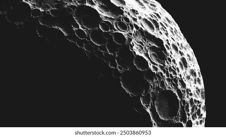 Moon or asteroid in stippling style with many impact craters. Rocky satellite covered by lunar craters. Retro styled dotwork. Pointillism. Noisy grainy shading using dots. Vector illustration