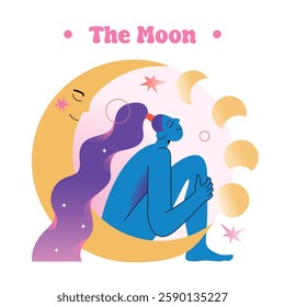 The Moon Astrological Illustration. Woman sitting with the big Moon. Vector illustration isolated on a white background.