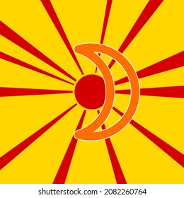 Moon astrological symbol on a background of red flash explosion radial lines. A large orange symbol is located in the center of the sunrise. Vector illustration on yellow background