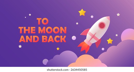 Para a Lua e banner de volta com foguete, nuvens e estrelas em um fundo violeta