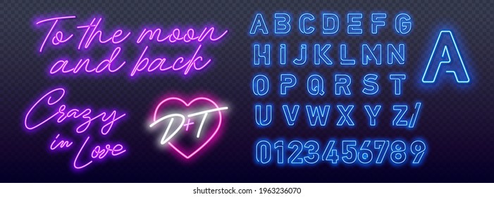 To the moon and back in neon style. Crazy in Love Neon Signs Style Text vector. Pop art neon light sign. Bright signboard, light banner. Vector illustration Pop art icons set.