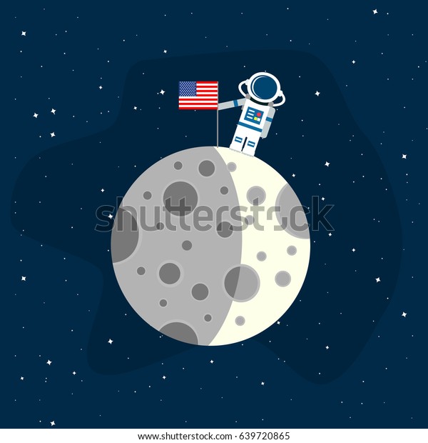 Moon in the background of an open space. An\
astronaut with an American flag on the surface of the moon. Vector\
illustration in a flat\
style