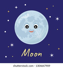 Moon in background of space and stars. Cute funny character. Vector illustration of Solar System object in cartoon flat style.