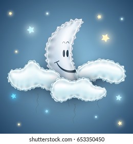 Moon, balloon, starry sky, cloud. Vector illustration.