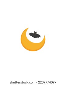 Moon with Bat icon illustration vector isolated on white background. Halloween vector. Perfect for coloring book, textiles, icon, web, painting, children's books, t-shirt print.