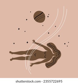 Moon bath ritual hand drawn mystic motif vector illustration. Meditating woman, witch practices, lifestyle, customs, spirituality. Design element for print, card, paper, template