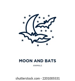 moon and bats icon from animals collection. Thin linear moon and bats, halloween, bat outline icon isolated on white background. Line vector moon and bats sign, symbol for web and mobile