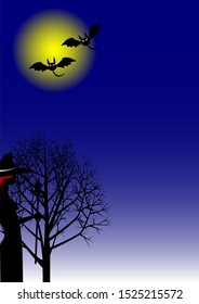 Moon and bats in the night, the background is a tree and a witch silhouette.