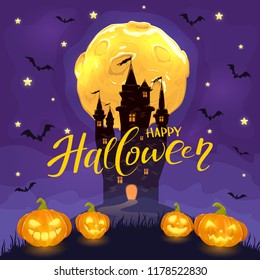 Moon and bats on night background with dark castle, smiling pumpkins and lettering Happy Halloween, illustration.