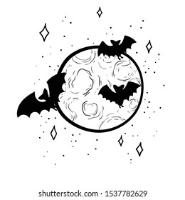 Moon and bats sketch vector illustration. Free Hand Halloween Cartoon illustration of Three Bats against a full Moon. Vectorized with Lineart