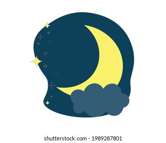 A moon behind the cloud surrounded by stars on the blue background. Icon of a moon and stars
