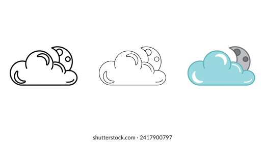 Moon behind the cloud Weather Icon vector image on white background. Three icons thick, thin, colored outline. Can be used for mobile apps, web apps and print media