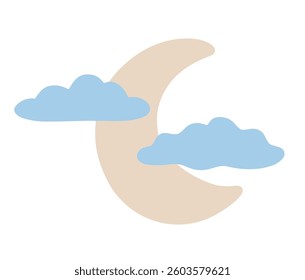 The moon behind the clouds isolated on a white background. Vector hand-drawn illustration in flat style. Perfect for decorations, logo, various designs.