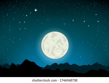 Moon behind the mountains. Polar star and constellation Ursa Major. Starry background mountain silhouette and moonlight. Big Dipper stars nature landscape