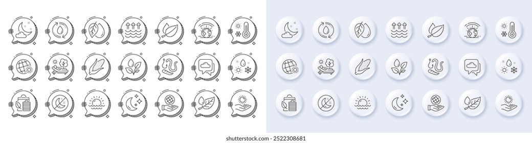 Moon, Bio shopping and Night weather line icons. White pin 3d buttons, chat bubbles icons. Pack of Corn, Weather, Insomnia icon. Plants watering, Mint leaves, Leaf dew pictogram. Vector