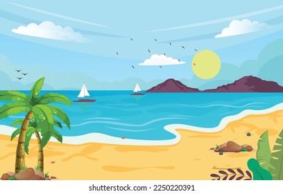 Moon Bird fly in Ocean, sand on the beach - scene with the beach , Beach Background, Blue Sky Bird fly, 2d Sky beach background, Summer Travel Holiday design- boat, ship,ocean, view