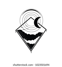 Moon with birds and clouds. Isolated Vector illustration.Tattoo art, astrology, spirituality, alchemy, magic symbol. Ethnic, mystic tribal element for your use
