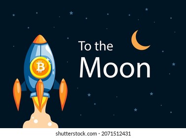 To the moon bitcoin rocket. cryptocurrency business growth illustration in cartoon vector