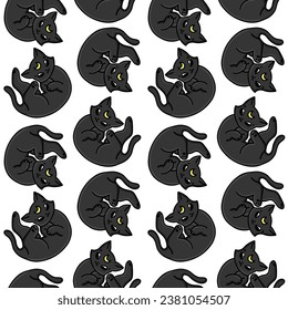 Moon black cat seamless pattern background for Halloween. Cute cartoon kitten character. Vector background texture for printing on fabric and paper. Scary event decoration
