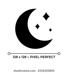 Moon black glyph icon. Crescent moon accompanied by sparkling stars. Symbol of nighttime and calmness. Night sky. Silhouette symbol on white space. Solid pictogram. Vector isolated illustration