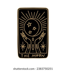 The Moon black and gold Tarot logo or label, magic cards reader, hand-drawn sketch brush simple minimal print for magical esoteric souvenirs. Witchy female hand drawn magic love fortune spell