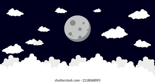 Mond am schwarzen Himmel mit Wolken. Nachthimmel mit Mond. Vektorgrafik, eps10.