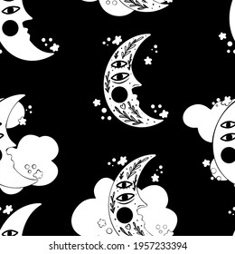 Moon boho. Beautiful seamless pattern of different moons, clouds, stars, vintage, hippie style. Mystical graphic style. Vector illustration in the style of linocut. For printing. black background.