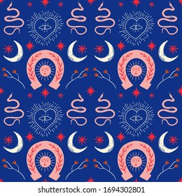 Moon boho magical seamless pattern with snakes in vector.