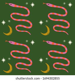 Moon boho magical seamless pattern with snakes in vector.