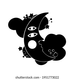 Moon in the boho, modern style. Moon, clouds, stars, vintage style. Mystical graphic style. Vector illustration in the style of linocut. For printing, decoration. isolated.