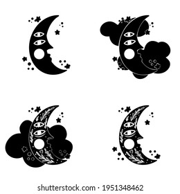 Moon in boho, modern style. Set of different moons, clouds, stars, in the style of vintage. Mystical graphic style. Vector illustration in the style of linocut. For printing, decoration.
