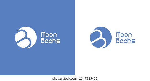 Moon Books vector logo design with capital letter B, books and crescent moon symbol on a light blue background.