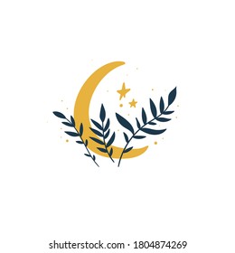 Moon, branches. Halloween Set. Hand Drawn Cartoon Doodles. Vector illustration. Social media post. Design for greeting card, sticker, party invitation.