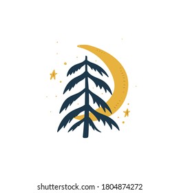 Moon, branches. Halloween Set. Hand Drawn Cartoon Doodles. Vector illustration. Social media post. Design for greeting card, sticker, party invitation.