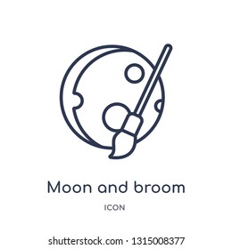 moon and broom icon from shapes outline collection. Thin line moon and broom icon isolated on white background.