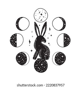 Moon Bunny, Silhouette rabbit with lunar phases, vector illustration.