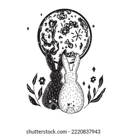 Moon Bunny, Silhouette rabbit, vector illustration. The back of Rabbits looking at the moon.