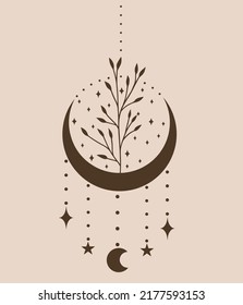 Moon with bush and stars. Magical boho style vector art.